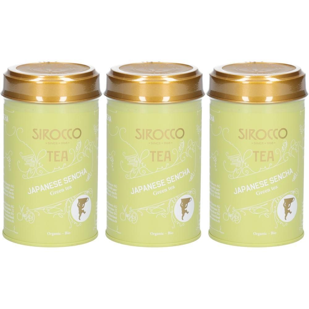 Drei grüne Dosen Sirocco Tea Japanese Sencha Tee mit goldenem Deckel.