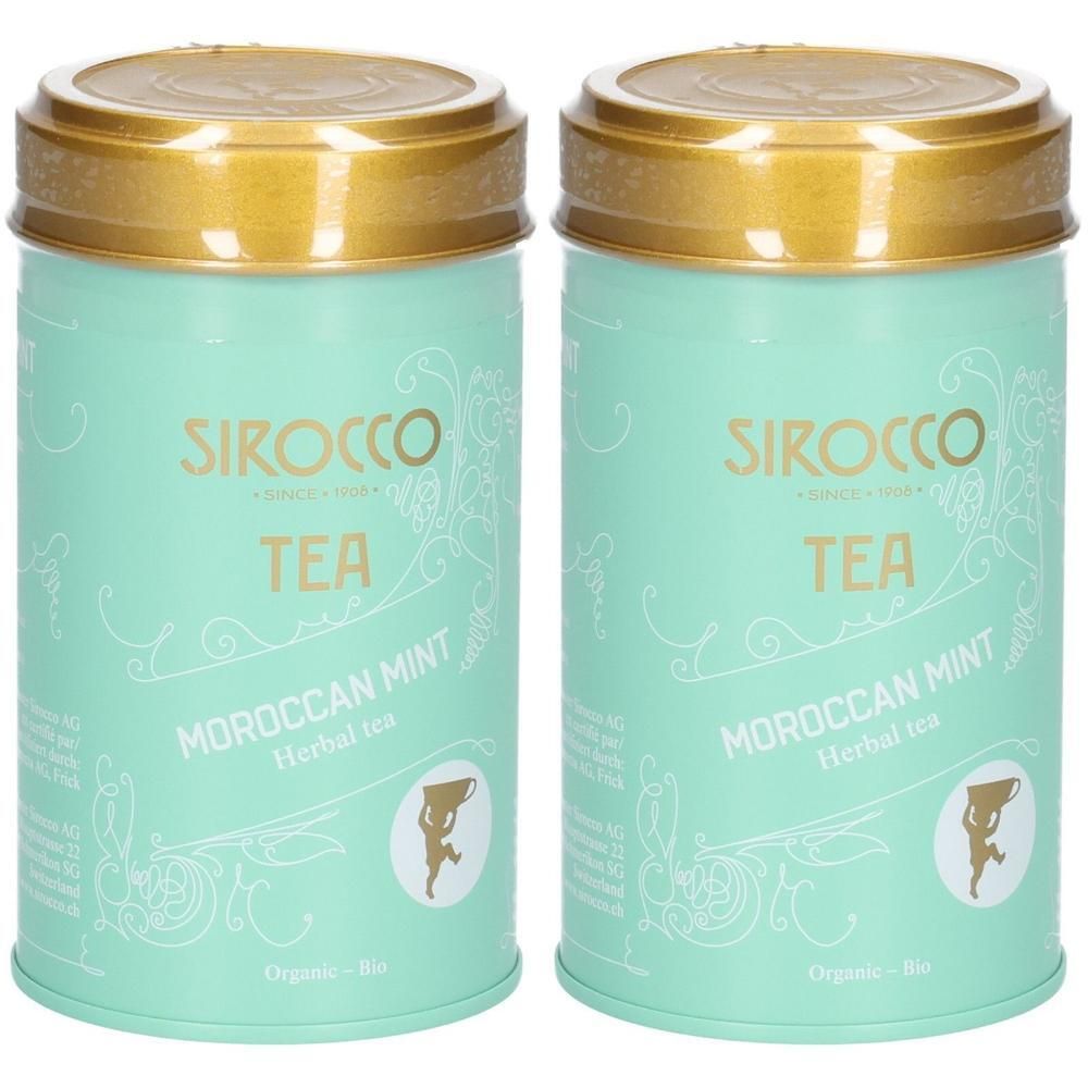 Zwei Sirocco Moroccan Mint Kräutertee Dosen mit goldenem Deckel.