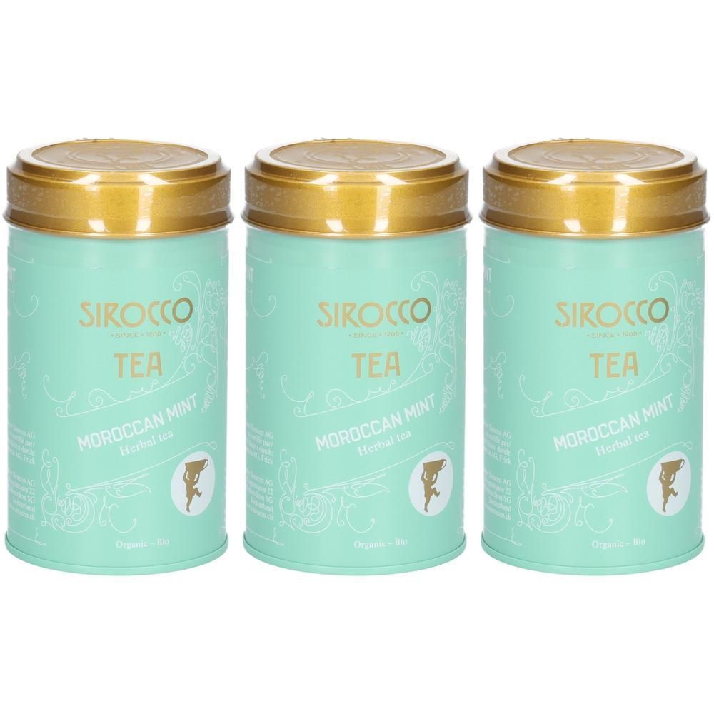 Drei Dosen Sirocco Moroccan Mint Kräutertee, mintgrün mit goldenen Akzenten.