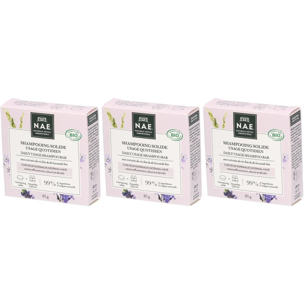 Zwei NAE Bio festes Shampoo für strapaziertes Haar, 85g.
