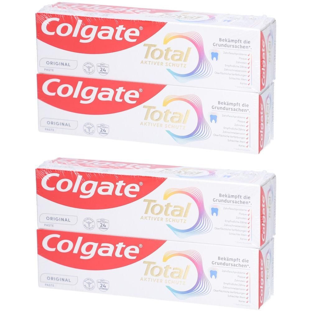 Vier Packungen Colgate Total Zahnpasta, Original, Aktiver Schutz.