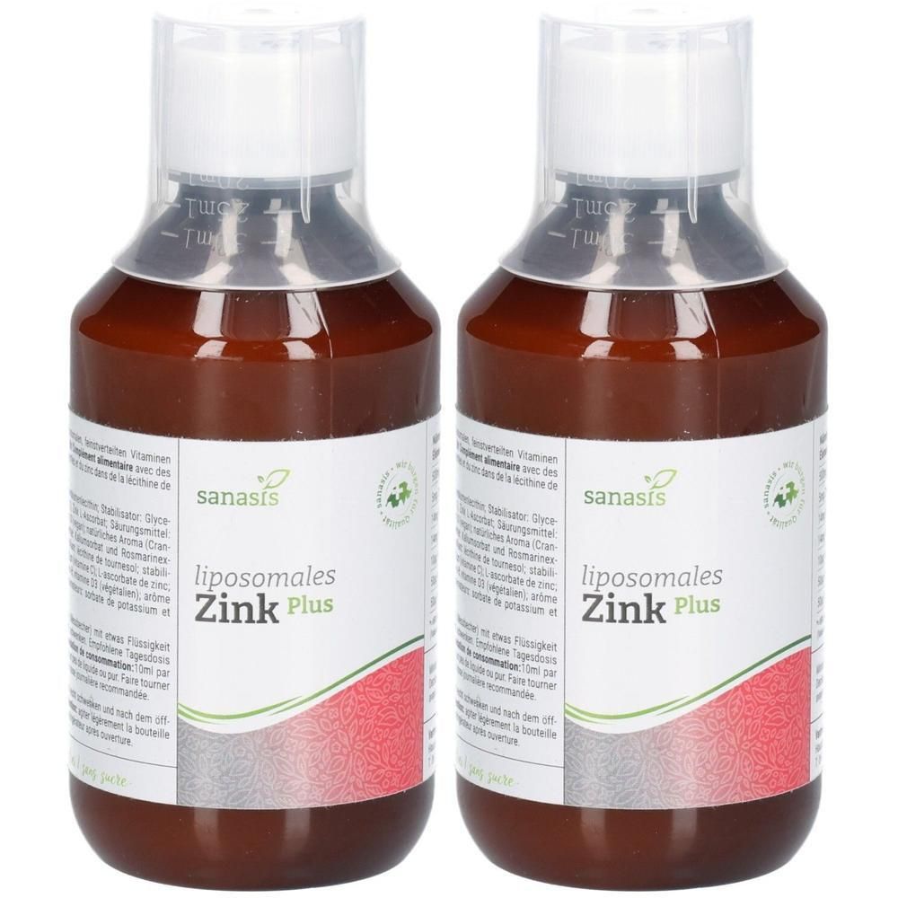 Zwei Braunglasflaschen mit weißem Verschluss, gefüllt mit Sanasis Liposomales Zink Plus.