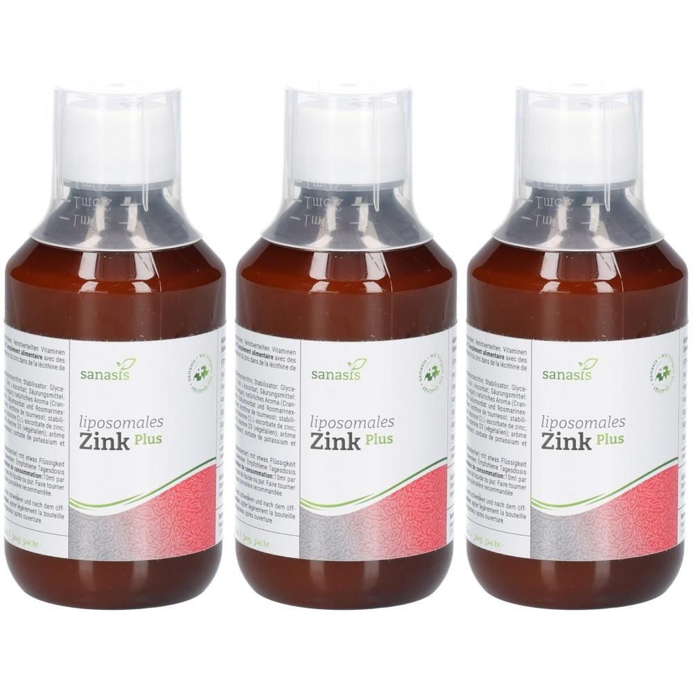 Drei Braunglasflaschen mit weißem Verschluss, gefüllt mit Sanasis Liposomales Zink Plus.