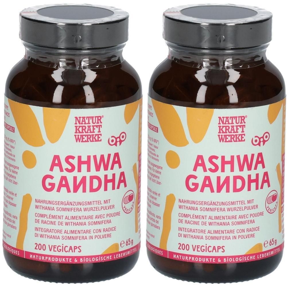 Zwei Flaschen Naturkraft Werke Ashwagandha Vegicaps. Braune Flaschen mit bunten Etiketten, 200 Vegicaps pro Flasche.