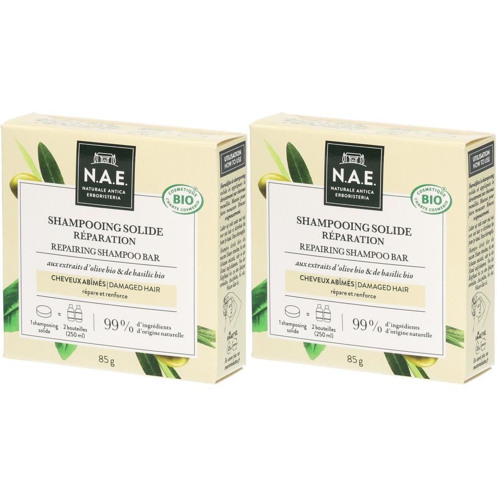 Drei NAE Bio festes Shampoo für strapaziertes Haar, 85g.