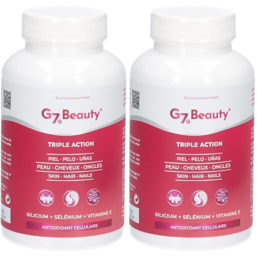 Zwei weiße Flaschen mit weißen Schraubverschlüssen, gefüllt mit G7 Beauty Triple Action Kapseln. Etikett mit "Silicium + Sélénium + Vitamine E".
