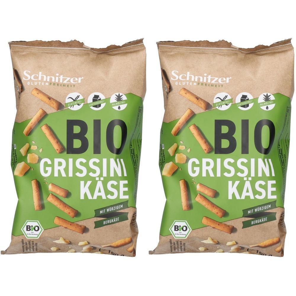 Zwei Schnitzer BIO Grissini Käse Tüten mit sichtbaren Grissini und Käsewürfeln.