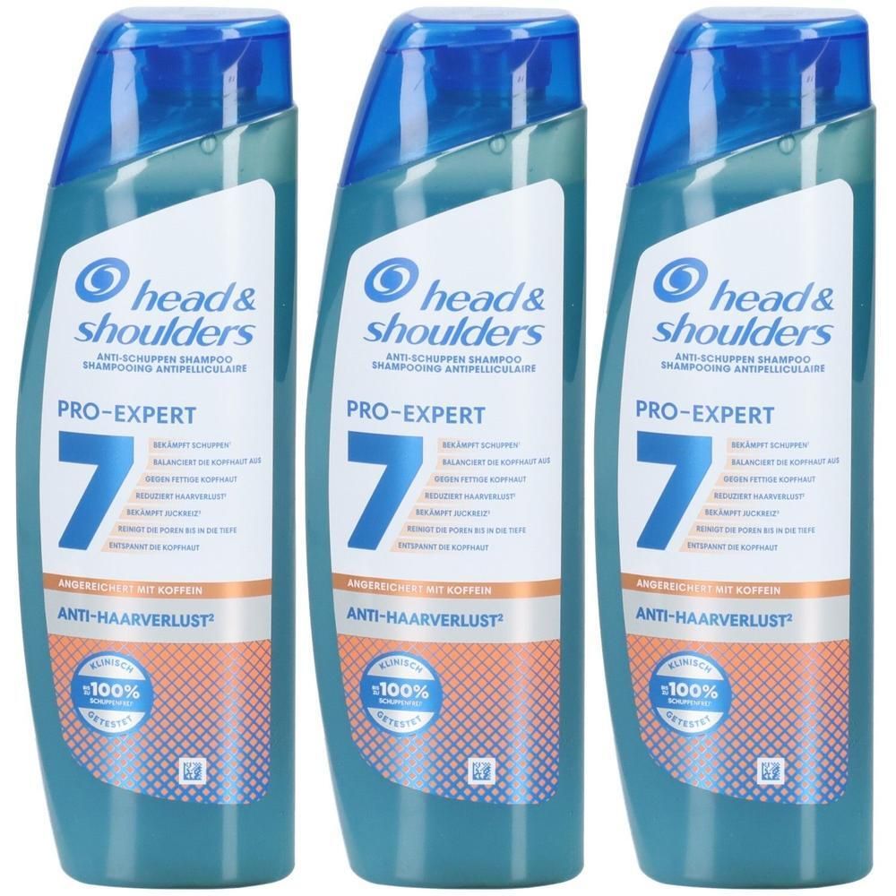 Drei Flaschen Head & Shoulders Pro Expert Anti-Haarverlust Shampoo.