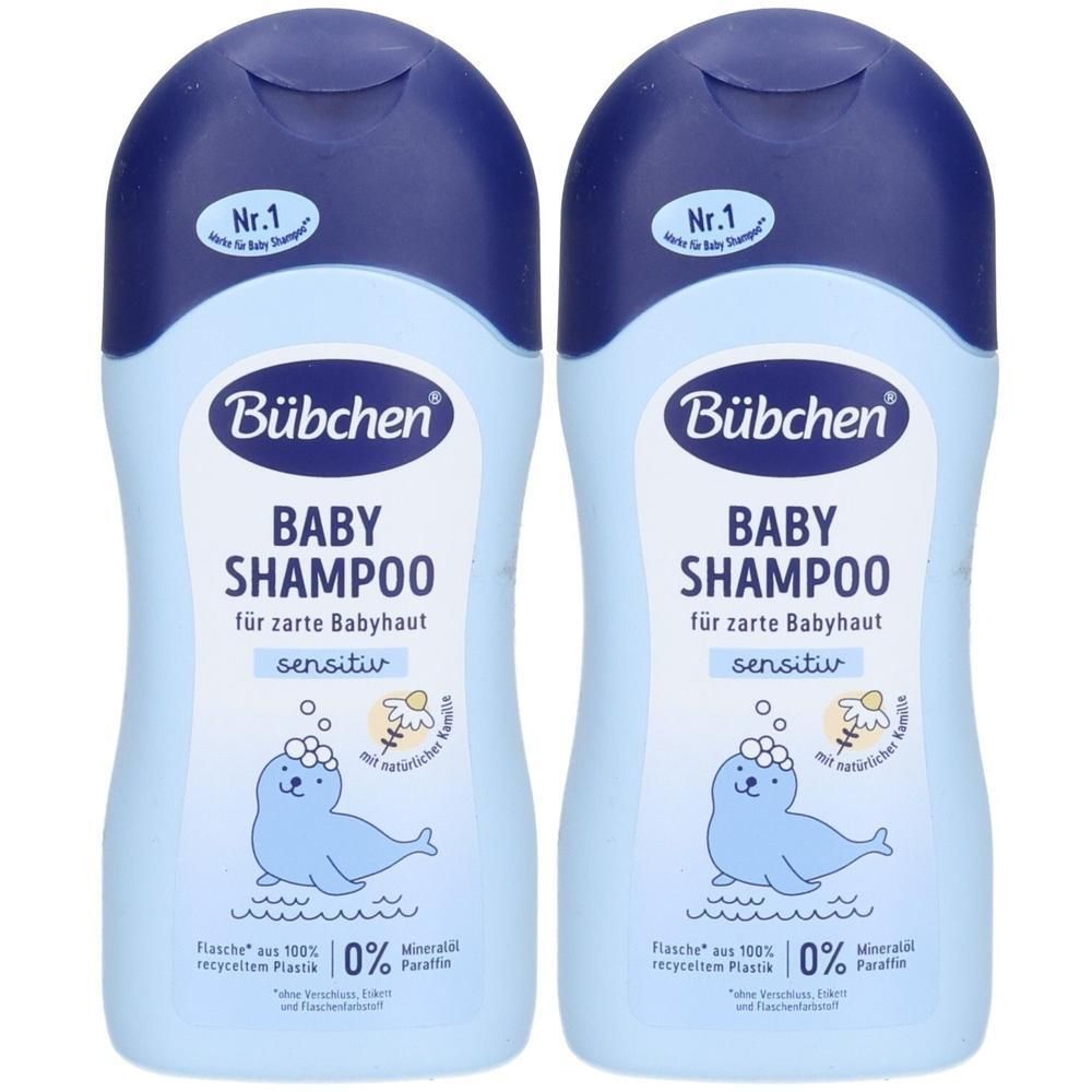 Zwei Bübchen Baby Shampoo Flaschen in Hellblau mit Robbenabbildung.