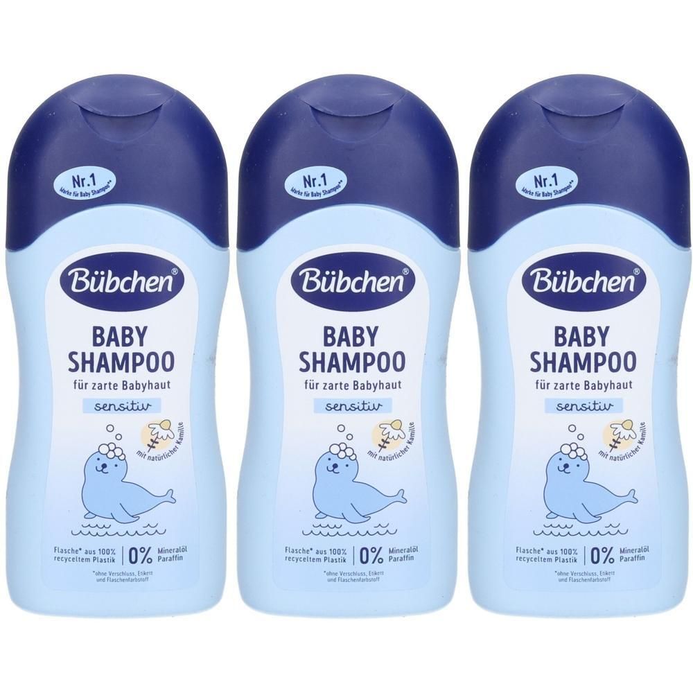 Drei Flaschen Bübchen Baby Shampoo Sensitiv mit Seehund-Motiv.