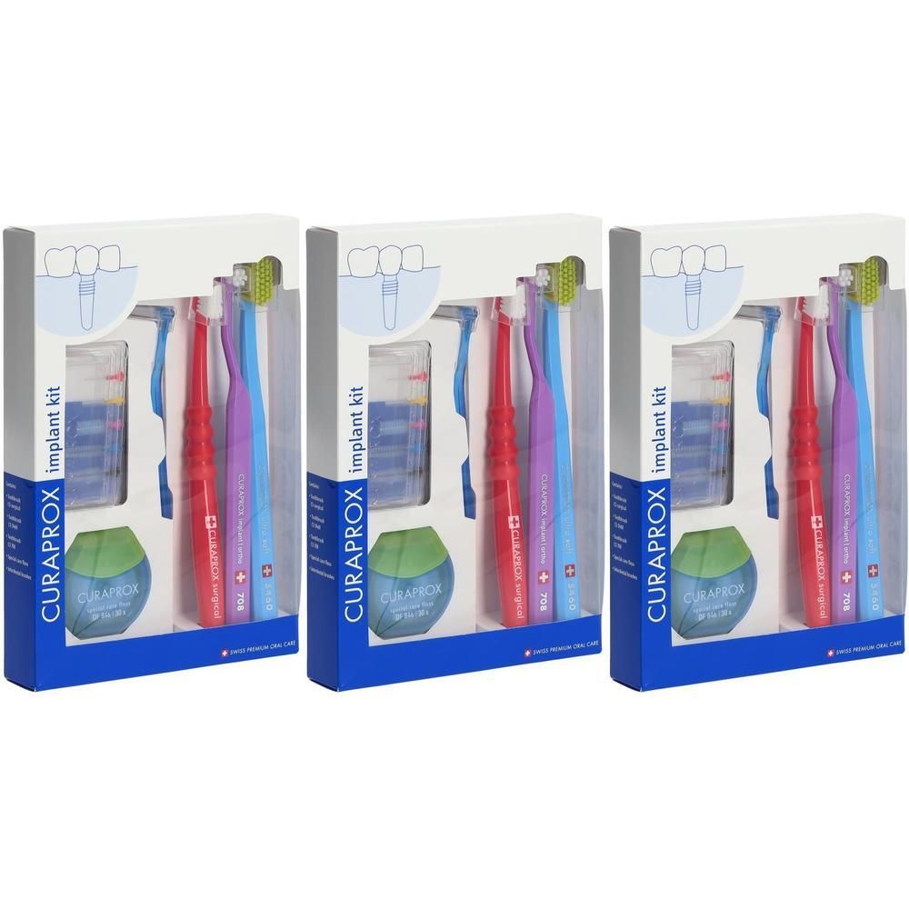 Drei Curaprox Implant Kit Zahnbürsten-Sets, jedes mit Zahnbürste, Interdentalbürsten und Zahnseide.