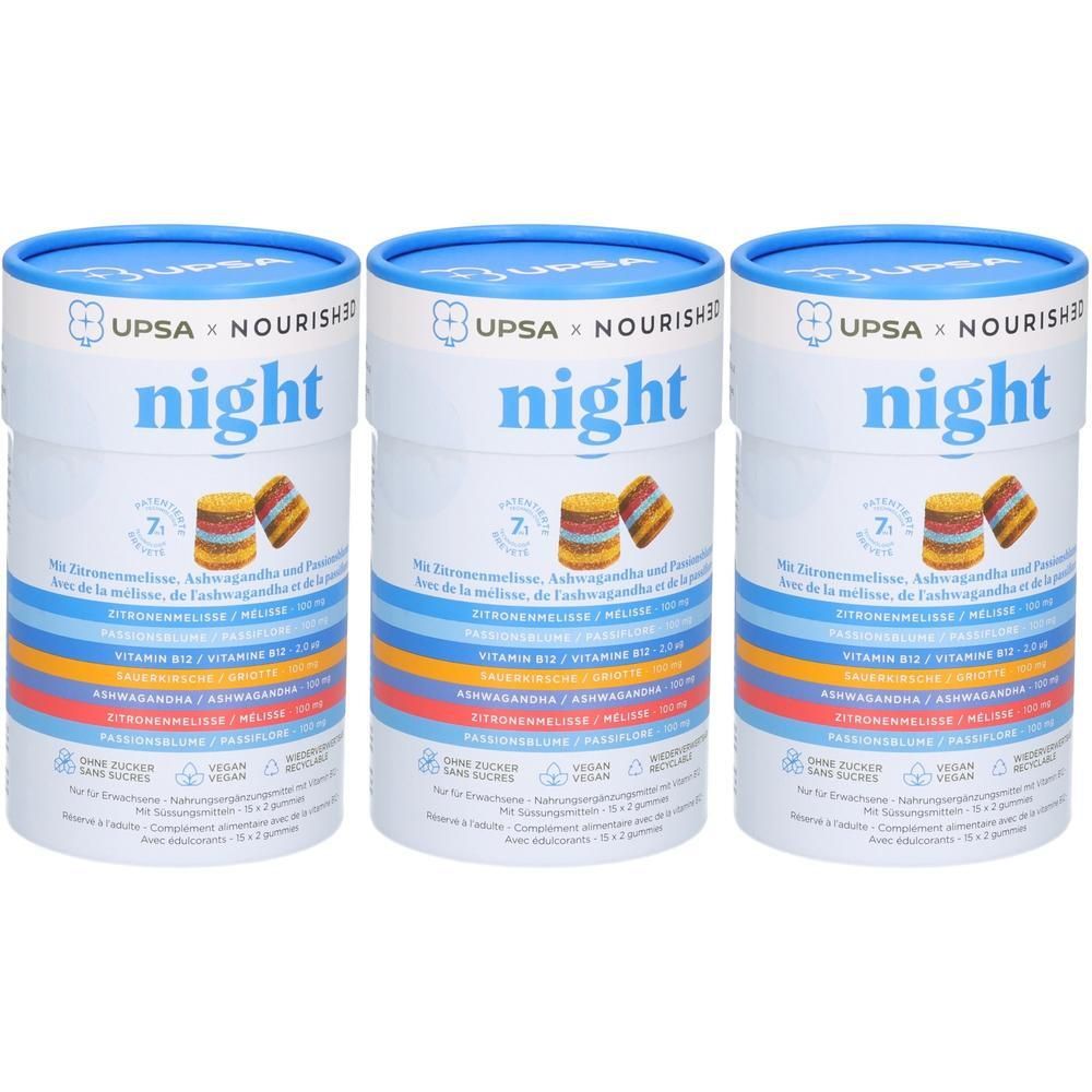 Drei runde Dosen mit der Aufschrift "UP&SA NOURISH3D night". Blaue Deckel, bunte Streifen auf den Dosen.