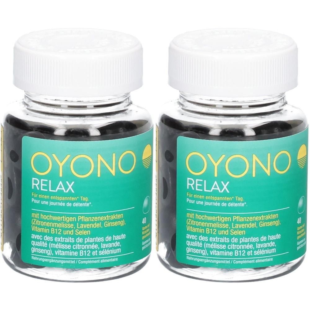 Zwei Gläser Oyono Relax Nahrungsergänzungsmittel mit Pflanzenextrakten.