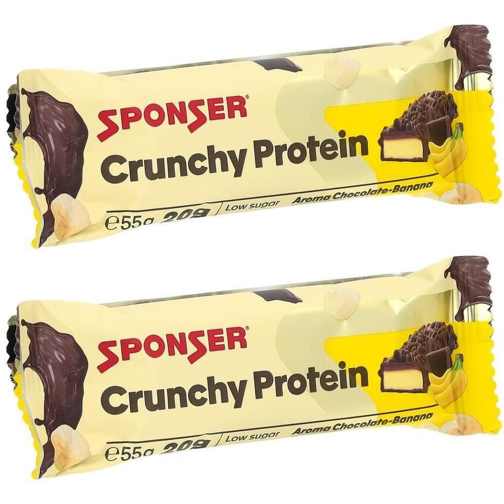 Zwei Sponser Crunchy Protein Riegel, Schoko-Banane Geschmack, 20g Protein, zuckerarm.