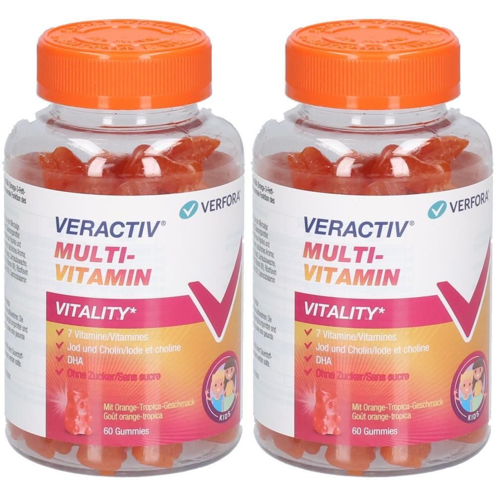 Zwei Flaschen Veractiv Multivitamin Gummies mit orangefarbenem Deckel.