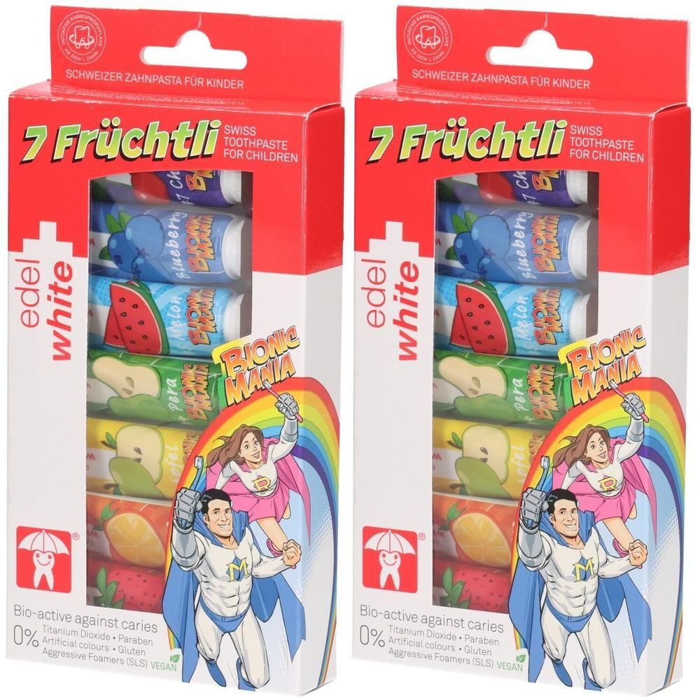 Zwei Packungen Edel White 7 Früchtli Swiss Zahnpasta für Kinder mit verschiedenen Fruchtgeschmacksrichtungen.