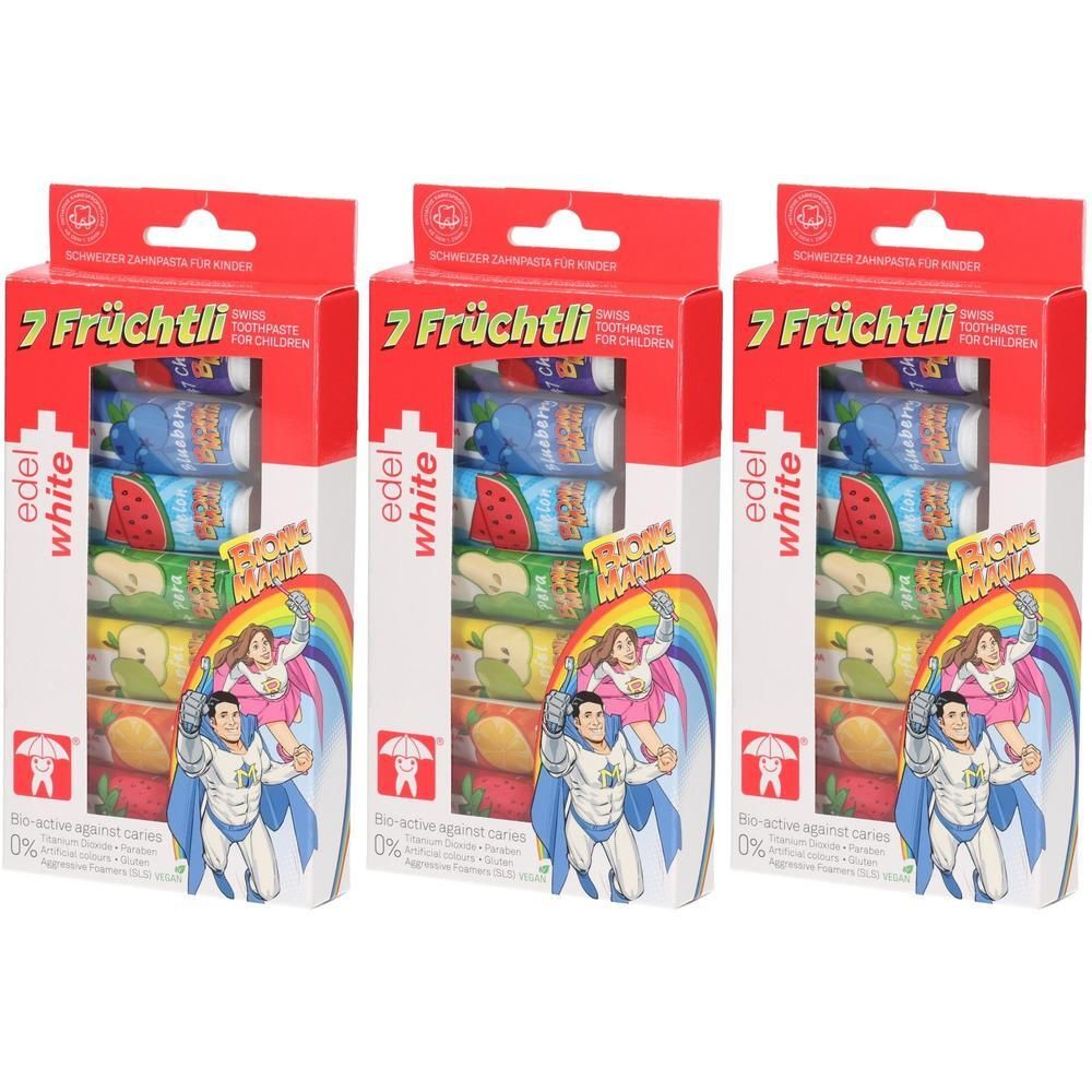Drei Packungen "7 Früchtli" Kinderzahnpasta mit Fruchtmotiven und Superhelden-Illustrationen.
