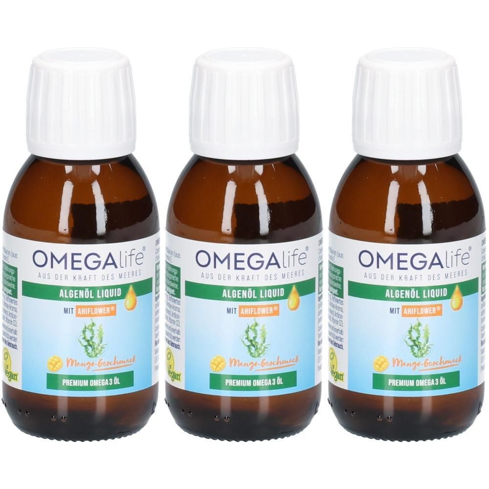 Drei Flaschen OmegaLife Algenöl Liquid mit Sonnenblumenöl.