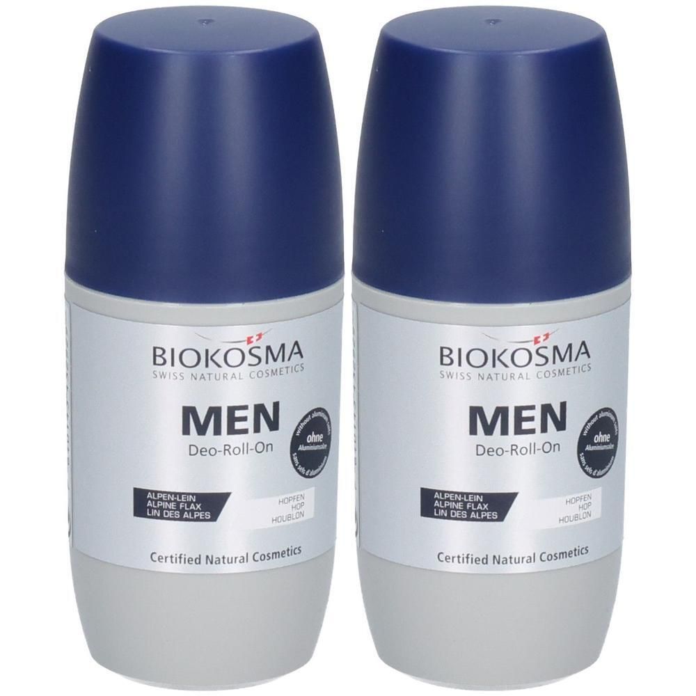 Zwei Biokosma Men Deo-Roll-Ons mit blauem Deckel und grauem Flaschenunterteil.