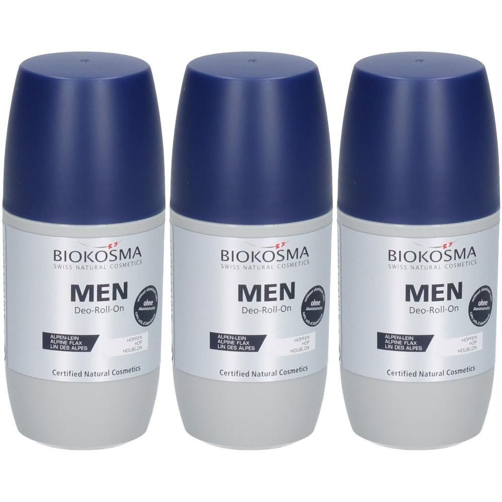 Drei Roll-On Deodorants der Marke "BIOKOSMA MEN". Blaue Kappe, weißer Behälter mit grauem Boden.