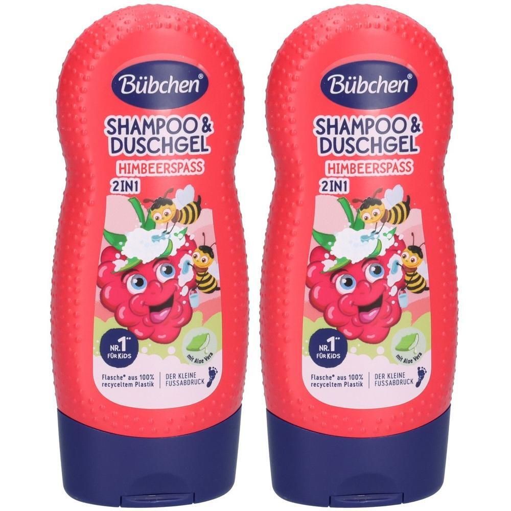 Zwei Bübchen Shampoo & Duschgel Himbeerspaß 2in1 Flaschen mit Bienen- und Himbeerabbildung.