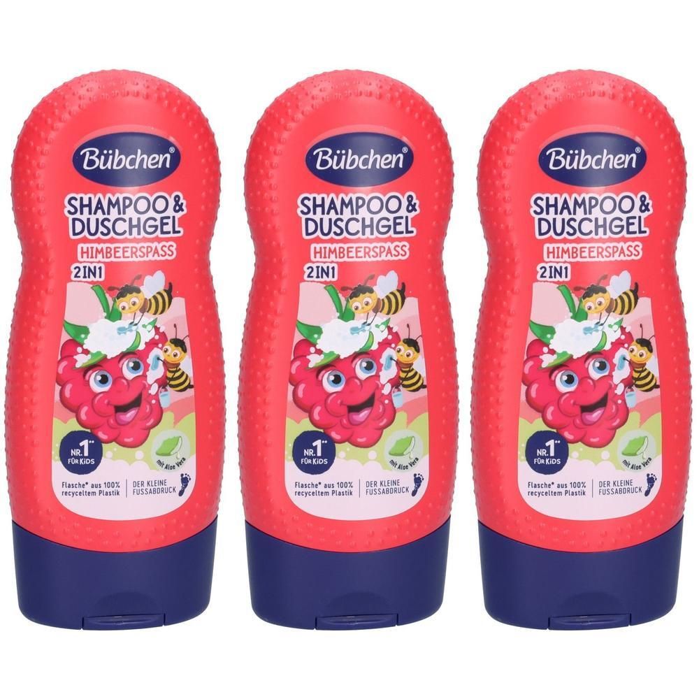 Drei Bübchen Shampoo & Duschgel Himbeerspaß 2in1 Flaschen mit Bienen- und Himbeerabbildung.