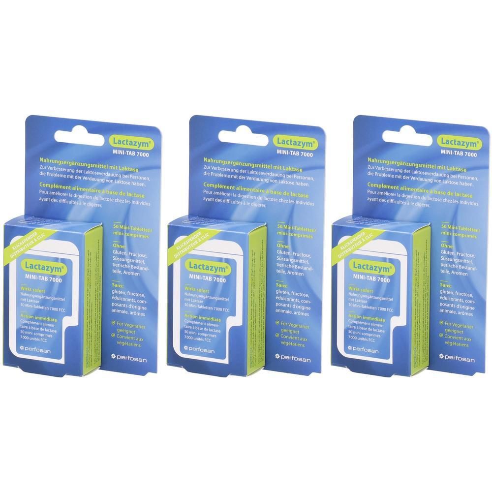 Drei Packungen Lactazym mit Mini-Tabs.