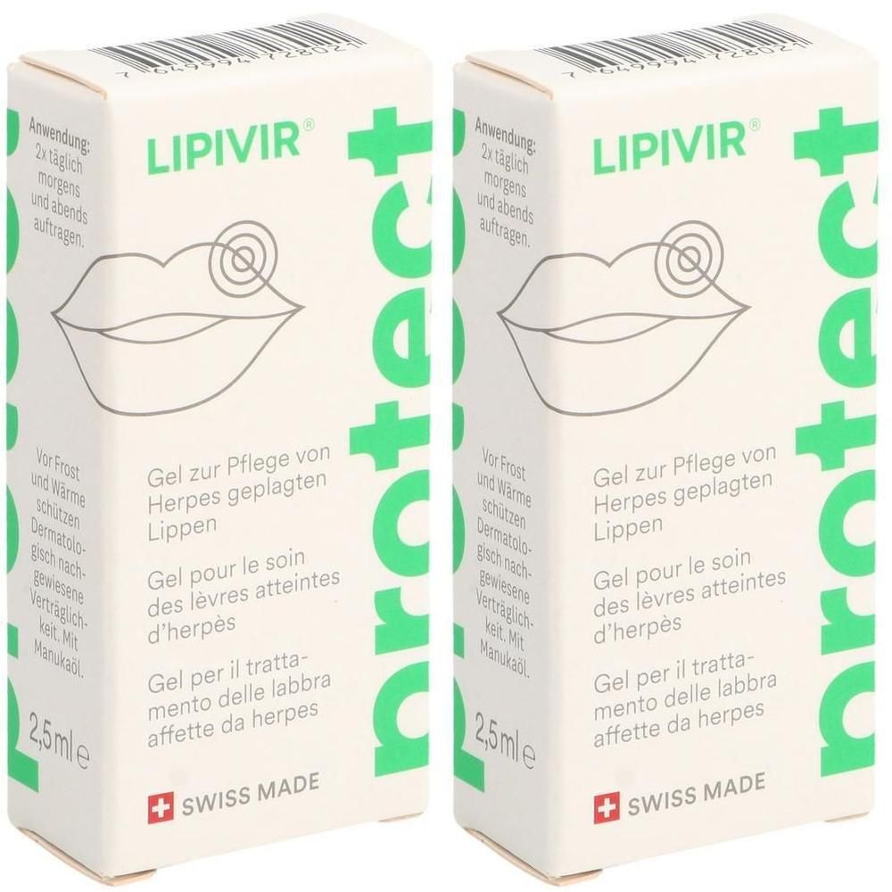 Zwei Schachteln "LIPIVIR protect" Herpes-Gel. Weiße Kartons mit grüner Schrift und Lippen-Illustration.