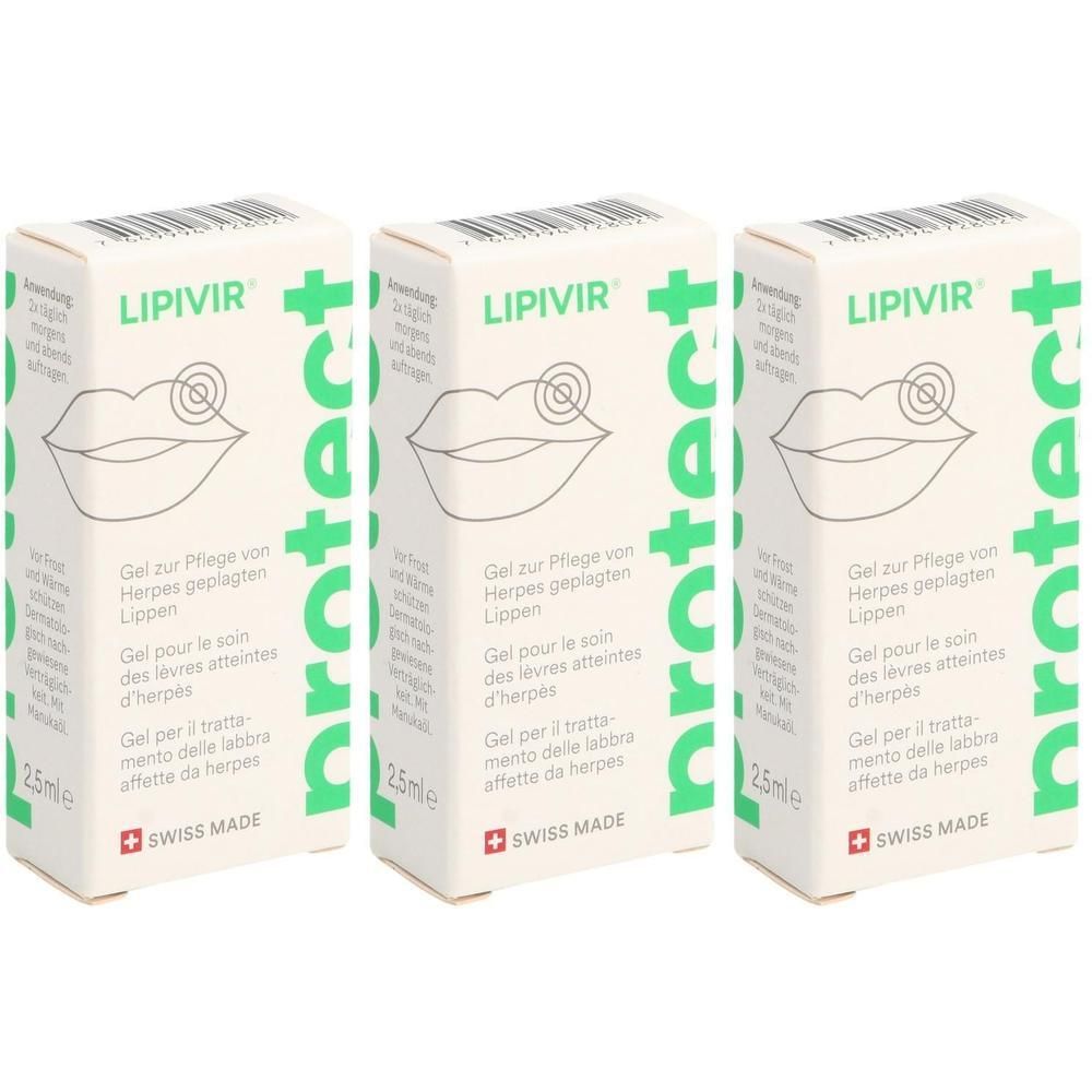 Drei kleine Tuben "LIPIVIR protect" mit Lippen-Symbol. Gel zur Pflege bei Herpes. 2.5ml. Swiss Made.