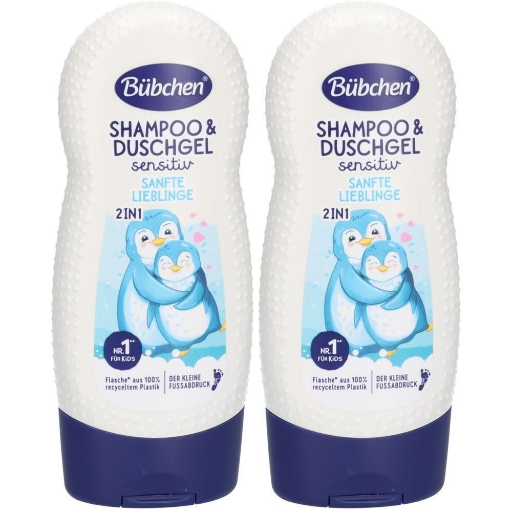 Zwei Bübchen Shampoo & Duschgel Sanfte Lieblinge 2in1 Flaschen mit Pinguinabbildung.