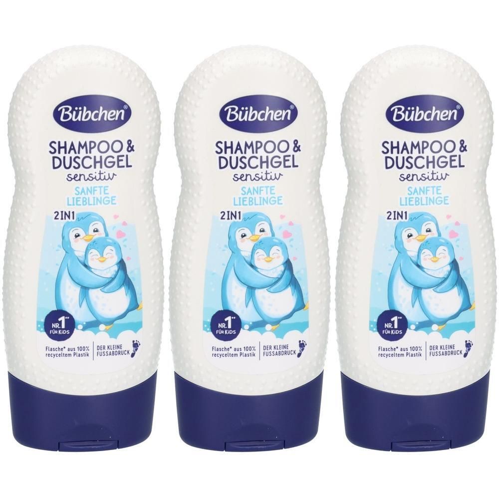 Drei weiße Flaschen Bübchen Shampoo & Duschgel Sensitiv mit Pinguin-Motiv.