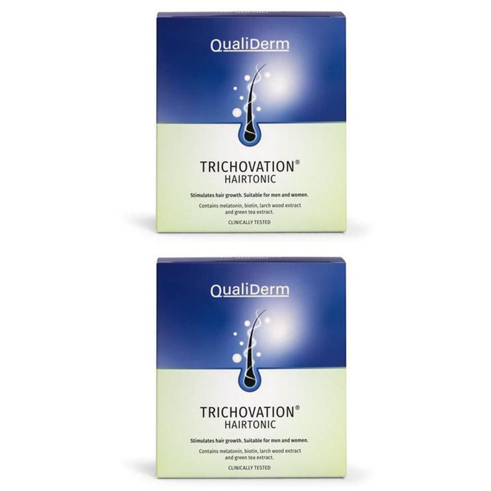 Zwei Schachteln QualiDerm Trichovation Hairtonic. Blaue und grüne Verpackung mit Haarabbildung.