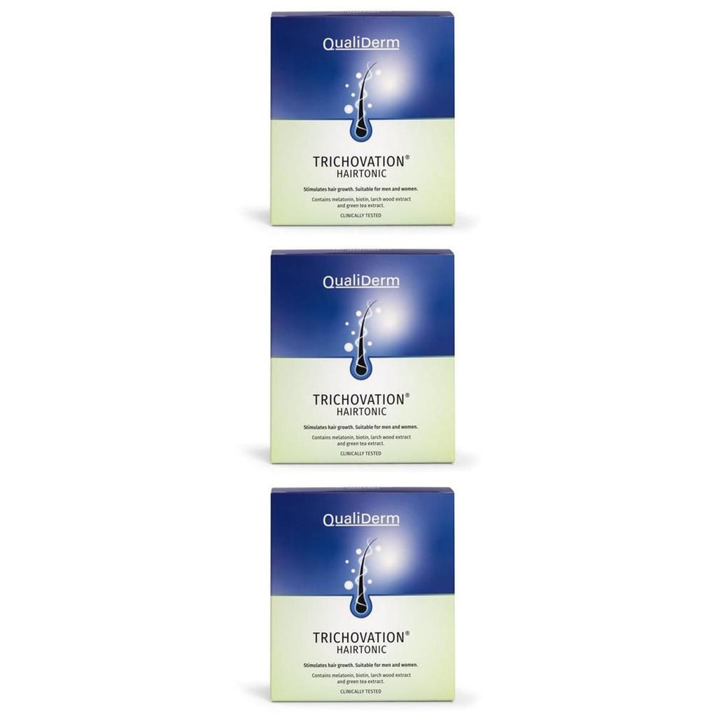 Drei Schachteln QualiDerm Trichovation Hairtonic. Blaue und grüne Verpackung mit Haarabbildung.