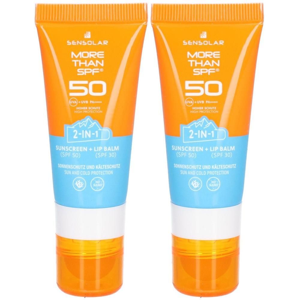Zwei Tuben Sonnenschutz und Lippenbalsam LSF 50, 2-in-1, mit Schraubverschluss.