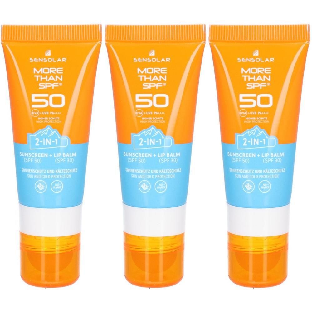 Drei Tuben Sonnenschutz und Lippenbalsam LSF 50.