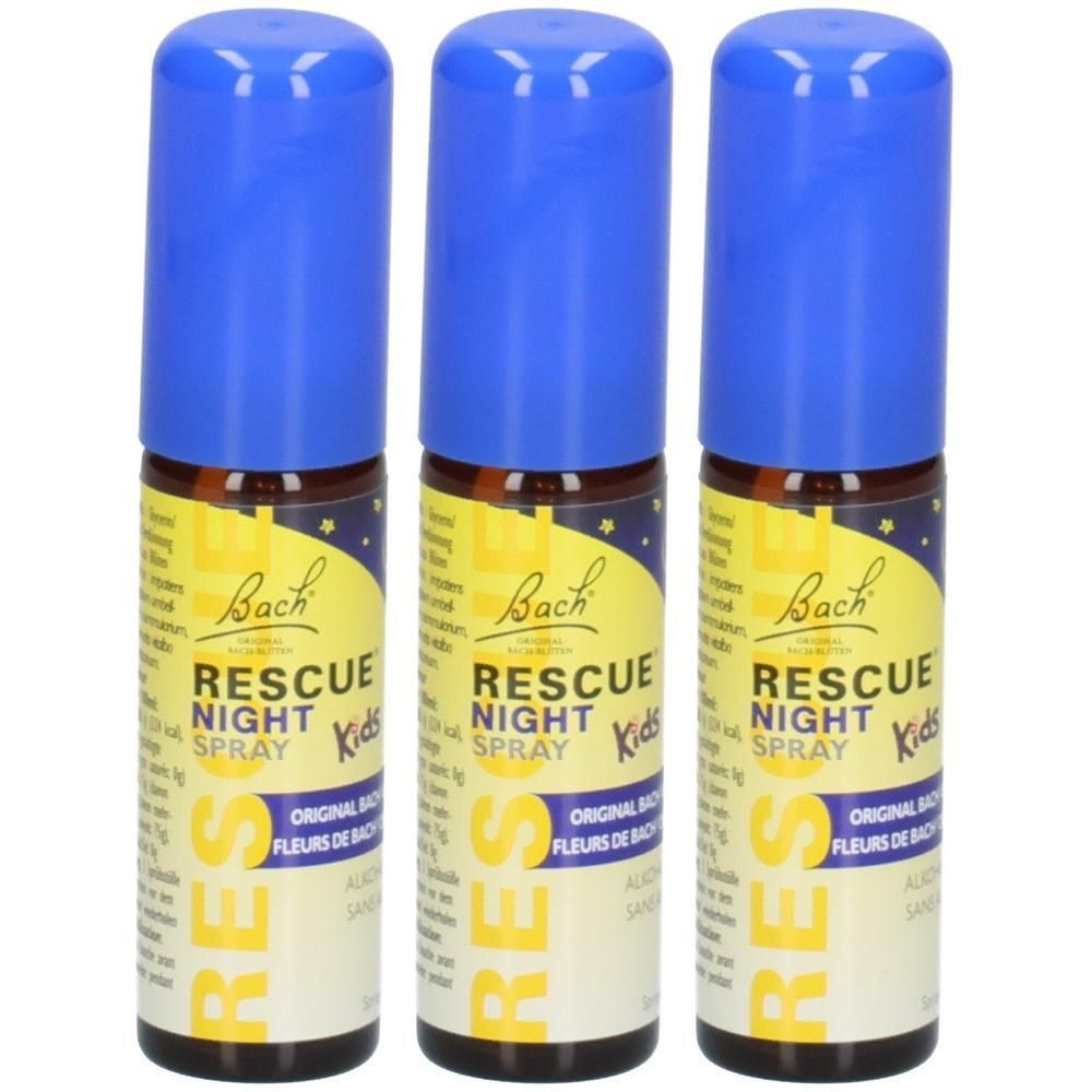 Drei Flaschen Bach RESCUE NIGHT SPRAY Kids mit blauem Sprühkopf.