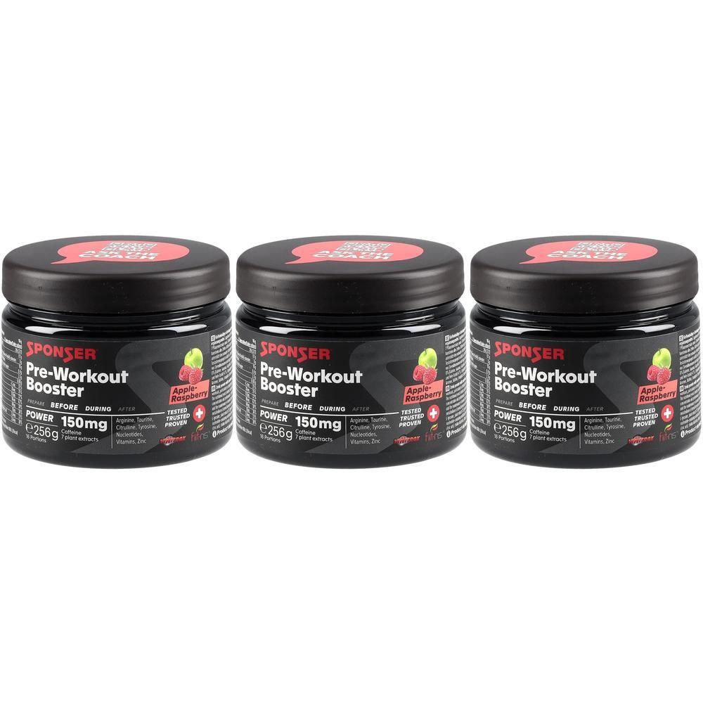 Drei Dosen Sponser Pre-Workout Booster, Apfel-Rhabarber, je 256g.