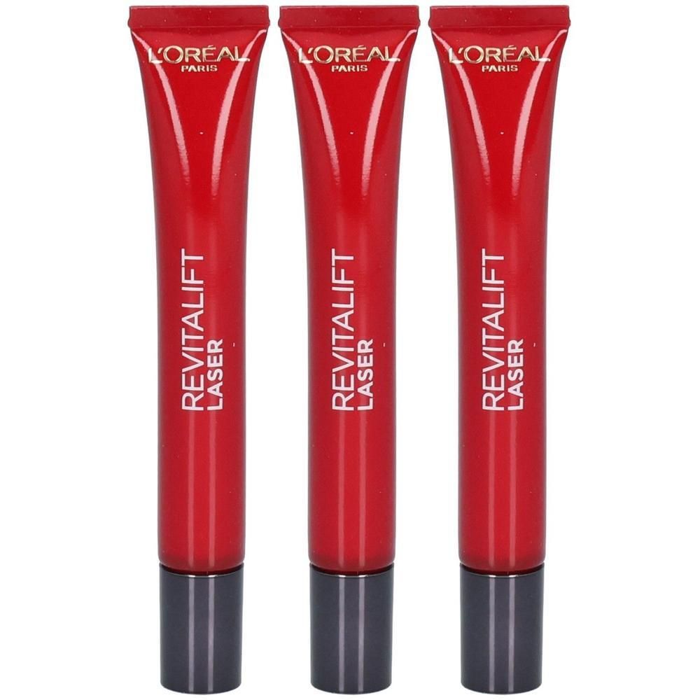 Drei L'Oréal Revitalift Laser Anti-Falten Augenpflege-Tuben.