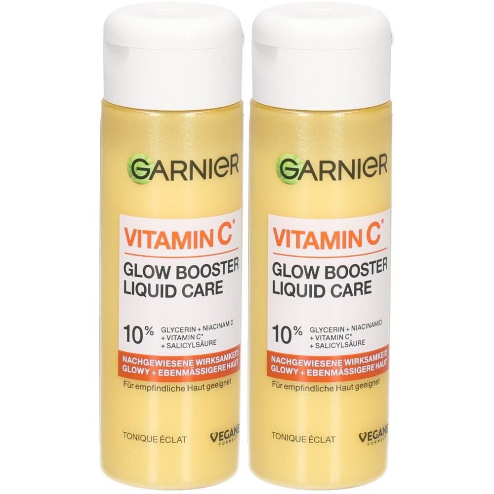 Zwei Flaschen Garnier Vitamin C Glow Booster Liquid Care, 10% Glycerin, Niacinamid, Vitamin C, Salicylsäure.