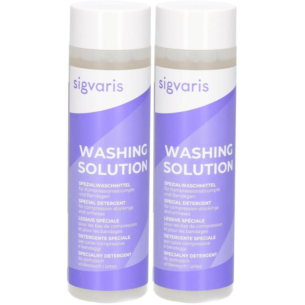 Zwei Flaschen Sigvaris Washing Solution Spezialwaschmittel für Kompressionsstrümpfe und Bandagen.