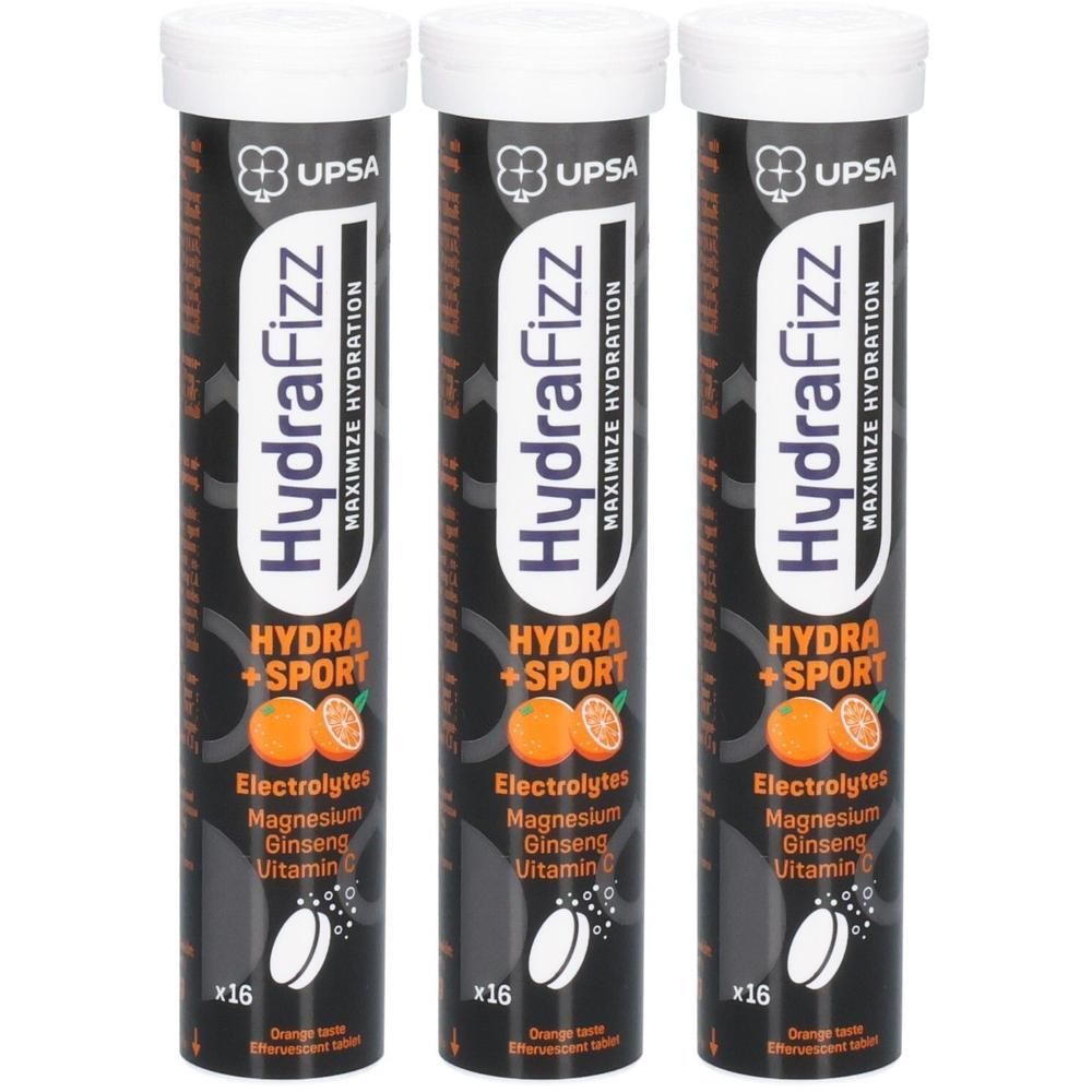 Drei Tuben HydraFizz Elektrolyt-Getränkepulver mit Orange und Ginseng.