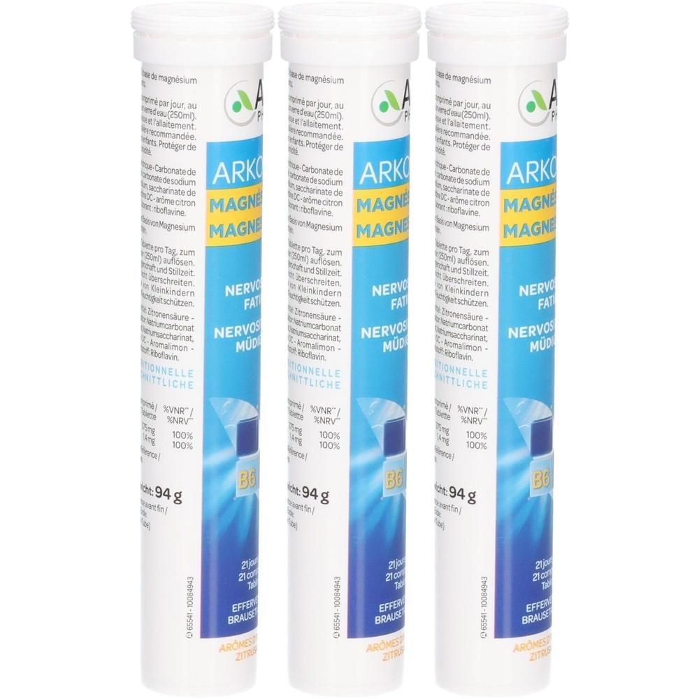 Drei Röhren Arkofarm Magnesium Brausetabletten für Nerven und Müdigkeit.