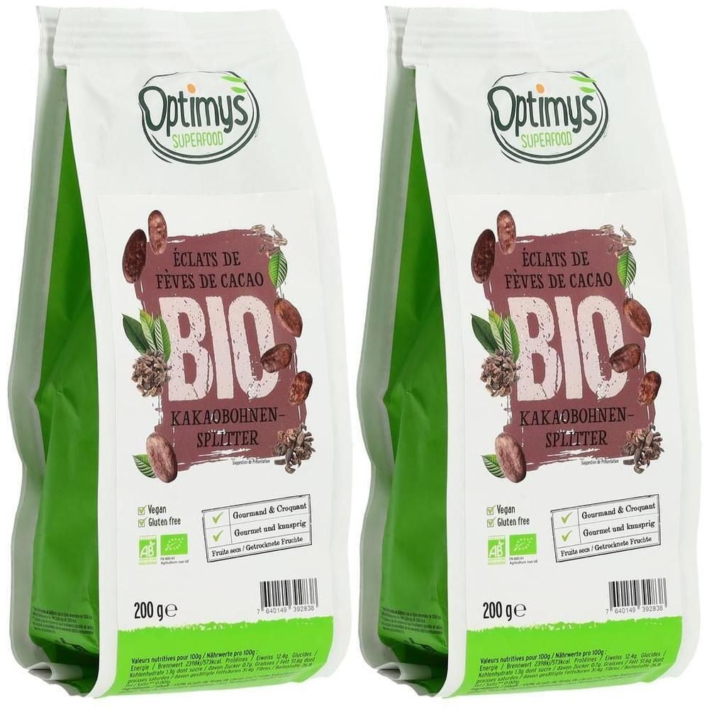 Zwei Packungen Optimys Bio Kakaobohnensplitter, je 200 g.