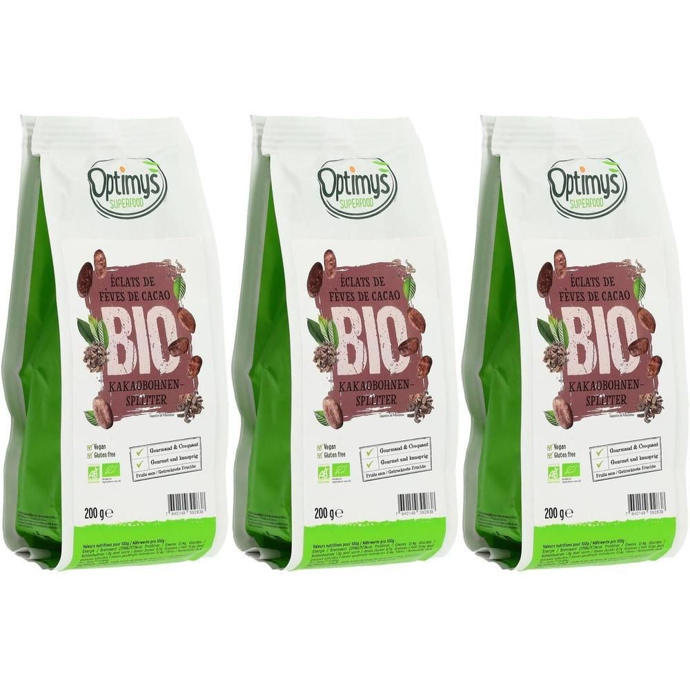 Drei Packungen Optimys Bio Kakaobohnensplitter, je 200 g.