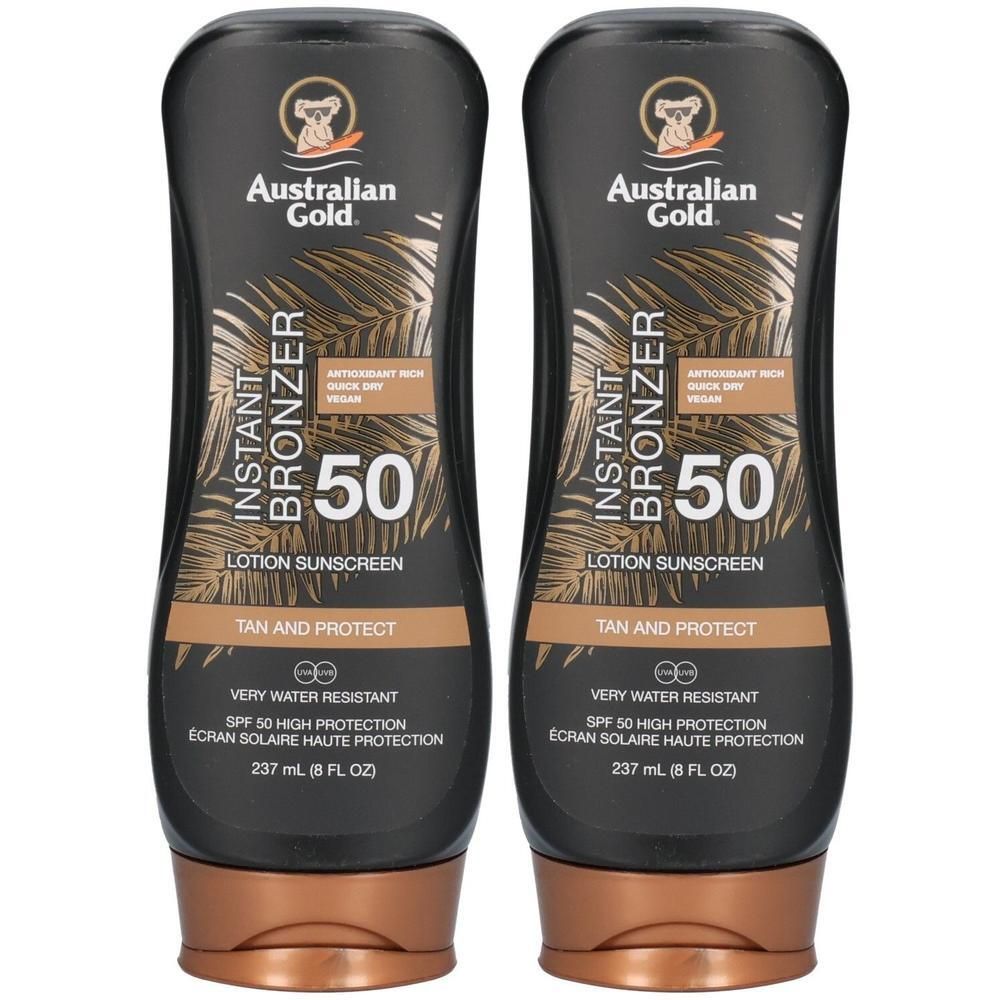 Zwei Flaschen "Australian Gold Instant Bronzer" LSF 50, Lotion Sonnenschutz.