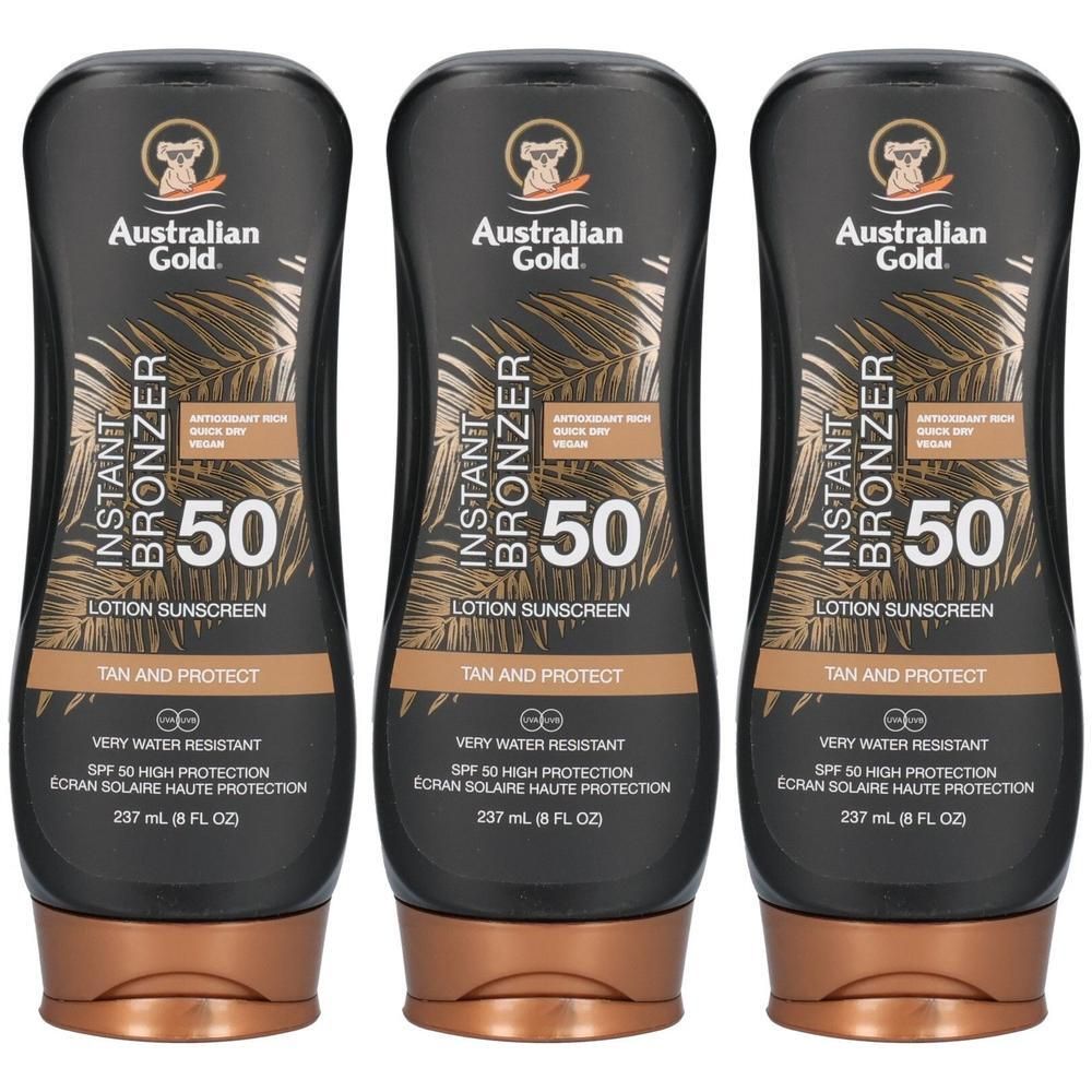 Drei Flaschen Australian Gold Instant Bronzer LSF 50 Lotion Sonnenschutz, 237 ml.
