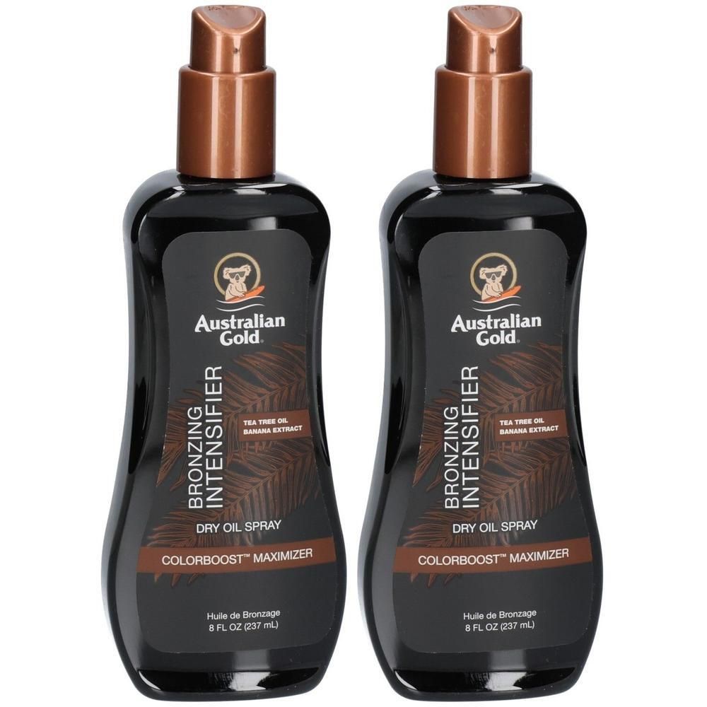 Zwei Flaschen Australian Gold Bronzing Intensifier Dry Oil Spray.