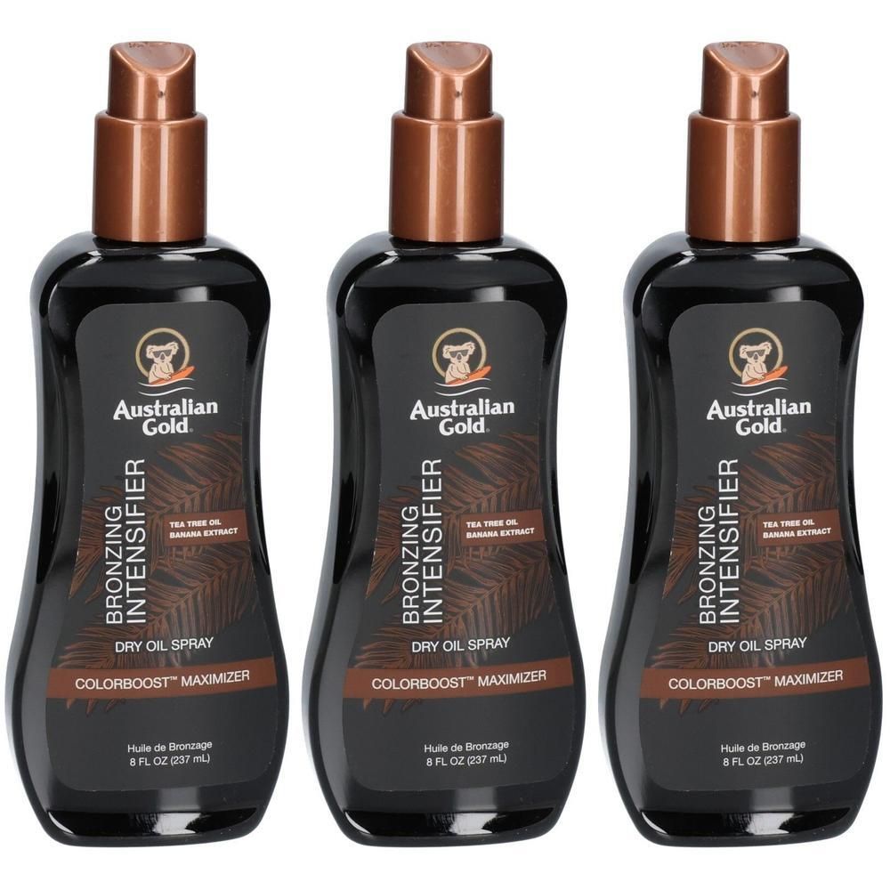 Drei schwarze Flaschen Australian Gold Bronzing Intensifier Dry Oil Spray mit je 237 ml. Das Etikett zeigt einen Koala und Palmblätter.