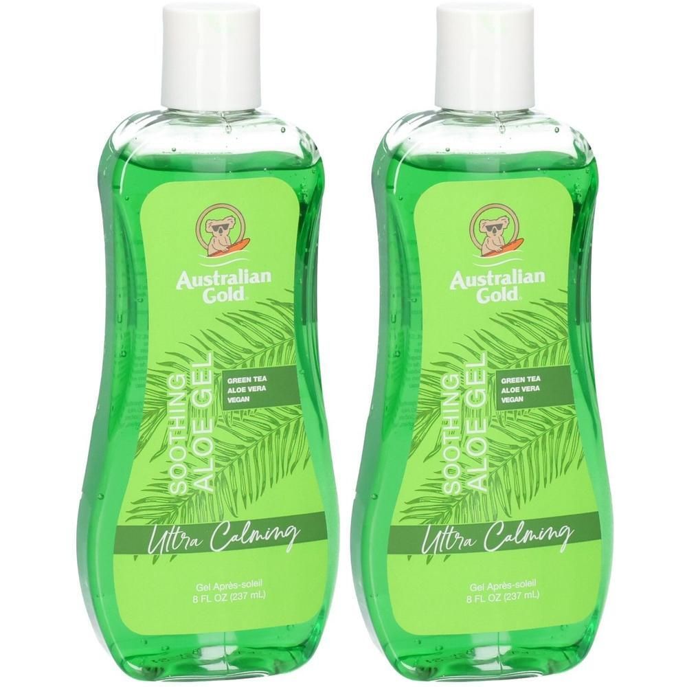 Zwei Flaschen Australian Gold Soothing Aloe Gel mit Palmblättern.