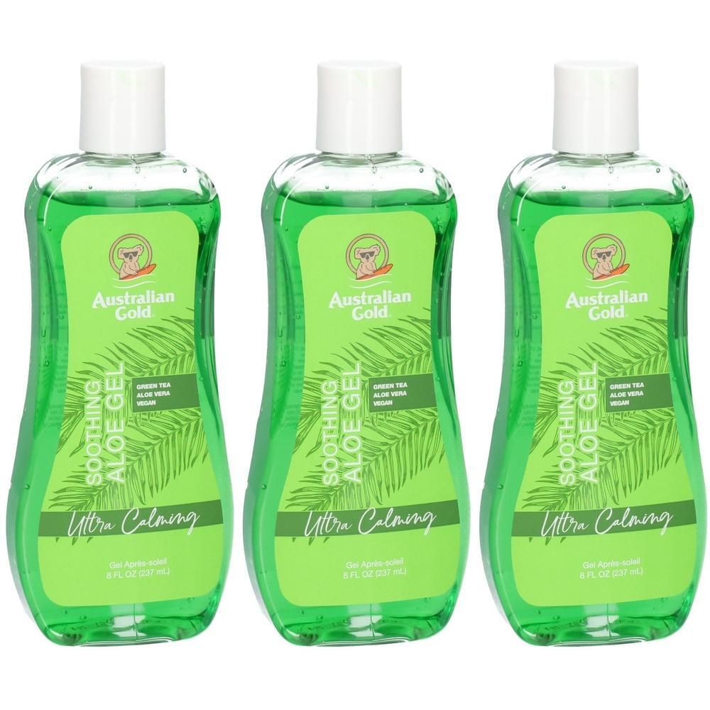 Drei Flaschen Australian Gold Soothing Aloe Gel mit weißem Verschluss.